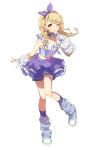  1girl blonde_hair blue_shoes braid commentary_request detached_sleeves fujita_kotone gakuen_idolmaster highres idolmaster looking_at_viewer multicolored_shoes nail_polish one_eye_closed puffy_sleeves reikakrzk shoes short_sleeves simple_background socks solo twin_braids two-tone_shoes white_background white_shoes yellow_eyes 