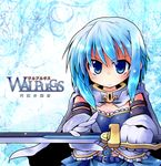  aqua_background armband blue blue_eyes blue_hair blue_skirt cape gloves magical_girl mahou_shoujo_madoka_magica miki_sayaka parody sekaiju_no_meikyuu serious short_hair skirt soul_gem sword weapon yuuhi_alpha 