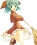  :d animal_ears ass bamboo_broom bloom broom dress francis_de_lariatte green_eyes green_hair kasodani_kyouko looking_back open_mouth short_hair smile solo tareme touhou white_background wind wind_lift 