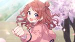  1girl :d absurdres blazer blue_eyes blurry blurry_background blush cherry_blossoms clenched_hands commentary falling_petals gakuen_idolmaster hair_bun hanami_saki hatsuboshi_gakuen_school_uniform highres idolmaster jacket long_sleeves looking_at_viewer looking_back open_mouth outdoors outstretched_arm petals pink_jacket red_hair reikakrzk school_uniform sidelocks smile solo tree two_side_up upper_body 