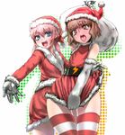  blush brown_eyes brown_hair christmas dress dress_tug hat inazuma_eleven_(series) inazuma_eleven_go kirino_ranmaru long_hair multiple_boys open_mouth otoko_no_ko pink_hair sack santa_costume santa_hat sgk shindou_takuto striped striped_legwear tears thighhighs twintails 