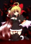  :d ahoge angel_wings black_legwear black_santa_costume blonde_hair blood blood_stain boots bow breasts capelet cleavage dress earlgrey fur_trim garter_straps gengetsu gloves grin hair_bow hand_on_hip kneeling low_wings medium_breasts no_nose open_mouth ponytail red_bow sack santa_costume short_dress smile solo thighhighs touhou touhou_(pc-98) v-shaped_eyebrows wings yellow_eyes zettai_ryouiki 