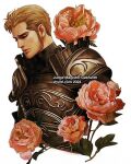  1boy armor black_shirt blonde_hair breastplate carnation character_name closed_mouth commentary cropped_torso english_commentary final_fantasy final_fantasy_xii flower gabranth_(ff12) leaf looking_down male_focus pauldrons pink_flower profile shirt shoulder_armor sideburns solo vhyrel watermark white_background widow&#039;s_peak 