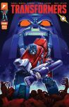  2boys arm_cannon autobot blue_eyes cannon comic_cover decepticon english_commentary english_text insignia manabu_yashiro mecha megatron multiple_boys no_humans official_art open_mouth optimus_prime red_eyes robot science_fiction transformers transformers:_generation_1 transformers_(skybound) weapon 