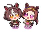  2girls :d ahoge alternate_hair_color animal_ears asymmetrical_footwear asymmetrical_gloves blush_stickers brown_hair chibi chibi_only earrings hair_intakes hair_ornament hairband hairpin horse_ears horse_girl horse_tail jewelry kitasan_black_(umamusume) kni long_hair looking_at_viewer medium_hair midriff mismatched_footwear mismatched_gloves multiple_earrings multiple_girls navel parted_bangs ponytail purple_eyes ribbon sakura_bakushin_o_(umamusume) short_twintails simple_background sleeveless smile sparkling_eyes tail thighhighs twintails umamusume white_background white_streaks white_thighhighs yellow_eyes yellow_hairband 