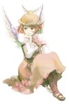  animal_ears dress full_body hand_on_own_chin hat light_smile mary_janes mystia_lorelei red_eyes red_hair shoes short_hair simple_background sitting smile solo touhou unagi77 white_background winged_shoes wings 