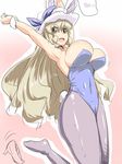  bare_shoulders blonde_hair blue_leotard breasts bunnysuit cleavage futaba_suetsuki grey_legwear hat huge_breasts leotard long_hair open_mouth pantyhose smile solo touhou watatsuki_no_toyohime yellow_eyes 