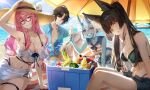  1boy 3girls animal_ear_fluff animal_ears arm_up asaba_harumasa bare_shoulders beer_bottle bikini black_hair black_shorts blue_shirt blue_skin blush breasts can cleavage closed_mouth collarbone collared_shirt colored_skin commentary cooler crop_top day food fox_ears fox_girl fruit grin hair_between_eyes hat highres holding holding_can holding_food holding_ice_cream horns hoshimi_miyabi ice_cream large_breasts long_hair looking_at_viewer mihan_(mihan_art) multiple_girls navel open_fly orange_eyes outdoors parasol parted_lips pink_eyes pink_hair pointy_ears red_eyes shirt shorts sitting smile soukaku_(zenless_zone_zero) stomach straw_hat sunlight swimsuit tsukishiro_yanagi umbrella unbuttoned very_long_hair watermelon white_bikini yellow_eyes zenless_zone_zero 
