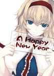  alice_margatroid asagi_(kabocha_oukoku) bad_id bad_pixiv_id blonde_hair blue_eyes capelet face hairband happy_new_year holding holding_sign light_smile looking_at_viewer new_year short_hair sign solo touhou upper_body 