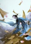  1boy black_hair blue_cape blue_robe board_game bridal_gauntlets brown_eyes cape chessboard chinese_clothes chinese_commentary closed_mouth falling_petals flying_paper from_side fur-trimmed_cape fur_trim go_(board_game) grey_pants hair_bun hair_ribbon hanfu holding holding_paper light_particles long_sleeves looking_ahead male_focus on_one_knee pants paper petals profile puffy_long_sleeves puffy_sleeves ribbon ribboned_xiao_guan robe shirt side_part single_hair_bun smoke solo wang_chuan_feng_hua_lu white_background white_bridal_gauntlets white_ribbon white_shirt wind xiao_guan_(headdress) yishangui 