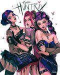  3girls absurdres armlet bare_shoulders black_eyeliner black_eyeshadow black_nails blue_hair braid braided_ponytail breasts choker closed_mouth commentary cowboy_shot crossed_arms double_bun dress earrings eyeliner eyeshadow fishnet_sleeves fishnets hair_bun highres hug jewelry kpop_demon_hunters long_hair looking_at_viewer makeup mascara mira_(kpop_demon_hunters) multiple_girls nikola_(nikkotari) pendant piercing pink_hair purple_hair rumi_(kpop_demon_hunters) short_bangs sidelocks simple_background single_sleeve skirt spiked_armlet spiked_choker spikes thighhighs twintails underboob white_background yellow_eyes zoey_(kpop_demon_hunters) 