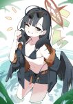  1girl absurdres belt bikini bikini_under_shorts black_bikini black_hair black_jacket black_wings blue_archive breasts brown_belt commentary cross_halo eyewear_on_head feathered_wings grey_eyes grin halo highres ichika_(blue_archive) ichika_(swimsuit)_(blue_archive) jacket kuromaru_ira long_hair looking_at_viewer low_wings navel o-ring o-ring_bikini o-ring_top official_alternate_costume one_eye_closed open_belt open_clothes open_jacket open_shorts parted_lips red_halo shorts small_breasts smile solo standing sunglasses swimsuit wading water wings 