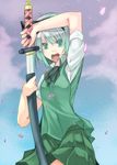  bad_id bad_pixiv_id bangs black_hairband collared_shirt cowboy_shot cravat gradient_hair green_eyes green_skirt green_vest hairband holding holding_sword holding_weapon katana konpaku_youmu left-handed looking_at_viewer miniskirt multicolored_hair open_mouth petals pleated_skirt sheath shirt short_hair short_sleeves silver_hair skirt skirt_set solo sword toono_yayoi touhou unsheathing vest weapon white_shirt 