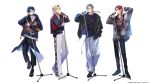  4boys alternate_costume beard_stubble belt black_belt black_boots black_choker black_hair black_hoodie black_jacket black_pants black_shirt black_shoes black_socks blonde_hair boots brown_hair choker clock_over_orquesta collared_shirt copyright_notice crew_neck cross cross-laced_shoes cross_necklace curtained_hair ear_piercing earrings facial_hair full_body fuwa_tokihito grey_shirt hair_between_eyes half_updo hand_in_pocket hand_on_own_head harness highres holding holding_microphone hood hood_down hoodie isamu jacket jewelry leather leather_jacket lineup long_sleeves looking_at_viewer low_ponytail male_focus medium_hair microphone microphone_stand multicolored_hair multiple_boys multiple_necklaces necklace official_art open_clothes open_jacket orange_eyes pants parted_bangs pendant piercing ponytail print_shirt purple-tinted_eyewear purple_eyes purple_shirt red_eyes red_hair red_shirt red_undershirt roots_(hair) sakurakoji_nika shirt shoes short_hair side_part simple_background smile sneakers socks standing stubble tinted_eyewear tokito_ichiya tsuyuri_azuma two-tone_shirt undercut untucked_shirt v-neck waist_cape watch white_background white_pants white_shirt white_shoes wristwatch zipper 
