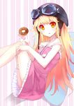  bakemonogatari doughnut dress fikusipu food goggles goggles_on_head helmet highres legs long_hair long_legs monogatari_(series) oshino_shinobu pillow solo strap_slip yellow_eyes 