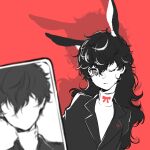  1boy 1girl absurdres amamiya_ren animal_ear_fluff animal_ears blazer bow bowtie cellphone closed_mouth collared_jacket crest eyelashes faceless faceless_male genderswap genderswap_(mtf) greyscale hair_between_eyes highres jacket lapels light_frown long_hair long_sleeves looking_at_viewer messy_hair monochrome notched_lapels one_eye_closed persona persona_5 phone qianyimuthyimu rabbit_ears red_background red_bow red_bowtie red_pupils school_uniform shadow shirt simple_background smartphone spot_color turtleneck turtleneck_shirt upper_body 