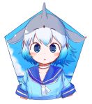  1girl absurdres bird blowhole blue_eyes blue_hair blush choker commentary_request common_bottlenose_dolphin_(kemono_friends) grey_hair hair_blowing headshot highres kemono_friends multicolored_hair neckerchief ocean rakugakiraid sailor_collar short_hair short_sleeves solo white_hair 