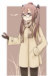  alternate_costume bad_id bad_pixiv_id bespectacled bird bird_on_hand black_legwear brown_hair bug casual coat contemporary dragonfly glasses hand_in_pocket hat highres himekaidou_hatate insect kuroi_mizore mittens pantyhose plaid plaid_scarf purple_eyes scarf solo tokin_hat touhou twintails 