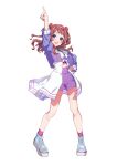  1girl arm_up breasts commentary_request gakuen_idolmaster hairband hanami_saki hand_on_own_hip highres idolmaster index_finger_raised jacket medium_breasts medium_hair midriff_peek open_mouth pink_hairband pink_shorts pink_socks purple_eyes purple_jacket red_hair reikakrzk shorts simple_background smile socks solo teeth upper_teeth_only white_background 