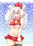  &gt;_&lt; alternate_costume animal_ears bad_id bad_pixiv_id bare_shoulders black_legwear blush breasts chikinman christmas closed_eyes embarrassed fang hat inubashiri_momiji large_breasts microskirt midriff navel no_bra open_mouth panties pantyshot pantyshot_(standing) pink_panties sack santa_costume santa_hat short_hair silver_hair skirt sleeveless solo standing tears thighhighs tokin_hat touhou underboob underwear wolf_ears 