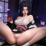  1girl 3d absurdres alcohol anus anus_peek bare_legs bare_shoulders black_hair black_lips blender_(medium) breasts bug butterfly collarbone covered_nipples earrings highres hoop_earrings huge_breasts japanese_clothes japanese_house jewelry lantern long_hair looking_at_viewer marvel marvel_rivals nianbingzi photoshop_(medium) psylocke purple_eyes pussy sake scar scar_on_face socks spread_legs thong white_socks x-men 