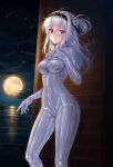  1girl alternate_costume black_headband bodysuit breasts clothes_writing cloud full_moon grey_eyes grey_hair hachimaki hair_between_eyes headband highres impossible_bodysuit impossible_clothes kantai_collection latex latex_bodysuit long_hair medium_breasts moon night one_side_up outdoors riretsuto skin_tight solo standing suzutsuki_(kancolle) white_bodysuit 