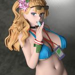  3d asymmetrical_hair bikini blue_eyes breasts choker earrings eyeliner eyewear_on_head fingernails flower food galko hair_flower hair_ornament jewelry lanyard large_breasts long_fingernails long_hair looking_at_viewer makeup masu_(mamamasu) nail_polish navel one_side_up oshiete!_galko-chan pinky_out popsicle scrunchie side_bun sideboob solo strap_gap sunglasses swimsuit underboob upper_body wristband 