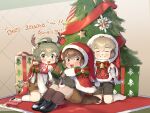  3boys absurdres animal_ears blush bow box capelet christmas_ornaments christmas_tree closed_eyes cup dog_boy dog_ears fur-trimmed_capelet fur_trim furry furry_male gift gift_box hat highres holding holding_cup jjongjjongmk2 korean_text looking_at_viewer lord_of_heroes male_focus multiple_boys official_alternate_costume open_mouth santa_hat schneider_(lord_of_heroes) sitting smile translation_request 