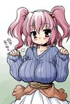  akou_roushi alternate_costume arms_up blush breasts hair_bobbles hair_ornament huge_breasts impossible_clothes impossible_sweater onozuka_komachi pinching_sleeves pink_hair red_eyes ribbed_sweater sleeves_past_wrists solo sweatdrop sweater touhou translated two_side_up 