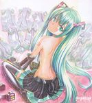  back boots detached_sleeves green_eyes green_hair hatsune_miku headphones long_hair looking_back mayo_riyo sitting skirt solo thigh_boots thighhighs topless twintails very_long_hair vocaloid wariza 
