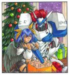  armor asymmetrical_wings blue_hair box christmas_tree codpiece dizzy gift gift_box guilty_gear hair_ribbon justice_(guilty_gear) mother_and_daughter multiple_girls navel navel_cutout red_eyes red_hair ribbon tubby_fleck watermark web_address wings 