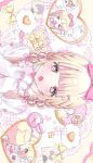  &gt;_&lt; 1girl :d :o arms_up blonde_hair bow braid chibana_sora commission cookie donut english_text food frilled_sleeves frills hair_ornament hair_ribbon hairclip heart heart-shaped_pupils heart_hair_ornament highres light_blush lipstick long_hair makeup mirror open_mouth original photo_(object) pink_eyes ribbon shirt smile speech_bubble symbol-shaped_pupils thought_bubble twin_braids white_shirt xd 