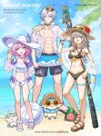 1boy 2girls absurdres ahoge alternate_costume baseball_bat beach bikini black_bikini black_shorts blue_eyes breasts bubbles_(honkai:_star_rail) chimera_(honkai:_star_rail) cleavage commentary cyrene_(honkai:_star_rail) english_commentary grey_hair hat heart heart-shaped_eyewear highres holding holding_water_gun honkai:_star_rail honkai_(series) isome large_breasts medium_hair multicolored_hair multiple_girls navel phainon_(honkai:_star_rail) pink_hair sandals shirt short_hair shorts small_breasts stelle_(honkai:_star_rail) stomach sun_hat swimsuit toes toned toned_male trailblazer_(honkai:_star_rail) two-tone_hair two-tone_innertube water_gun white_hair white_hat white_shirt yellow_eyes 