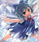  blue_eyes blue_hair bow child cirno dress fang hair_bow ice nagayama_yuunon outstretched_arms short_hair solo touhou wings 