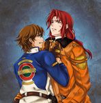  blue_background brown_eyes brown_hair clenched_teeth coat eiyuu_densetsu fingerless_gloves gloves green_eyes kazu_(2991308) lloyd_bannings long_hair low-tied_long_hair male_focus multiple_boys ponytail randy_orlando red_hair shirt_grab teeth zero_no_kiseki 