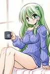  akou_roushi alternate_costume bare_legs cup frog green_eyes green_hair hair_ornament kochiya_sanae long_hair mug no_pants off_shoulder panties ribbed_sweater sitting snake solo sweater touhou underwear white_panties 