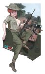  1girl absurdres boots breasts brown_eyes cleavage emblem fn_cal freckles green_eyes gun hat heterochromia highres holding holding_gun holding_weapon machine_gun magazine_(weapon) military military_hat military_uniform military_vehicle mud original puto_trash short_hair steering_wheel tree very_short_hair we_love_cold_war weapon wheel 