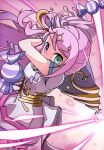  1girl ahoge commentary_request dress gloves gold_trim gradient_hair green_eyes hair_rings heterochromia highres himemori_luna holding holding_weapon hololive long_hair looking_at_viewer magical_girl mahou_shoujo_holowitch! multicolored_hair official_alternate_costume one_side_up osahash15 pink_hair purple_eyes purple_hair short_dress short_sleeves single_hair_ring solo swinging_weapon thighhighs v-shaped_eyebrows virtual_youtuber weapon white_dress white_gloves white_thighhighs wind 