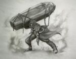  1girl artorias_the_abysswalker black_jacket black_pants breasts carrying chain coffin dark_souls_(series) full_body goddess_of_victory:_nikke grave_(nikke) greyscale highres hood jacket mask monochrome pants parody pose_imitation shoes sneakers solo 