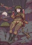  3girls aircraft airplane among_us bandolier belt black_hair blue_eyes bomber boots broken broken_wing cloud crash falling fenuier firing highres holding horizontal_stabilizer khaki_pants lace-up_boots landing_gear military military_vehicle moon multiple_girls original parachute parachute_lines parachute_risers parachute_toggles paratrooper propeller shot_down soldier spade_(shape) star_(sky) united_states united_states_army vertical_stabilizer weapon_case window wings world_war_ii 