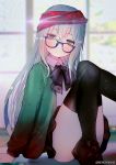  1girl alternate_costume ass bangs black_legwear blue-framed_eyewear blurry blush brown_eyes brown_footwear closed_mouth collared_shirt confetti convenient_leg crossed_bangs depth_of_field diffraction_spikes eyebrows_visible_through_hair g11_(girls_frontline) girls_frontline glasses gradient green_jacket hair_between_eyes hanato_(seonoaiko) head_tilt jacket knees_up lens_flare loafers long_hair looking_at_viewer neck_ribbon open_clothes open_jacket ribbon scarf scarf_on_head school_uniform shirt shoes sidelocks silver_hair sitting skirt solo sparkle thighhighs thighs twitter_username very_long_hair white_shirt window 