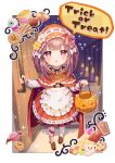  1girl :o apron black_ribbon blush_stickers border bow brown_hair brown_shoes candy capelet checkerboard_cookie chocolate chocolate_bar chocolate_chip_cookie commentary_request commission cookie door dress food frilled_apron frills full_body halloween halloween_bucket highres holding indie_virtual_youtuber leg_ribbon long_hair long_sleeves looking_at_viewer macaron neck_ribbon open_mouth outside_border pink_eyes red_capelet red_dress red_hood red_ribbon ribbon ribbon-trimmed_dress ribbon_trim shadow_(vtuber) shoes shuu_(syuuuuuuuuuu) skeb_commission socks solo standing trick_or_treat virtual_youtuber white_apron white_border white_bow white_socks 