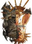 1boy armor arms_up bare_pectorals black_armor blonde_hair breastplate brown_eyes closed_mouth commentary cropped_torso fake_horns final_fantasy final_fantasy_xii gabranth_(ff12) helmet horned_helmet horns male_focus muscular muscular_male pauldrons pectorals short_hair shoulder_armor solo vhyrel watermark white_background 