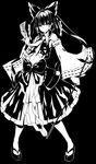  ascot bow detached_sleeves gohei greyscale hair_bow hair_tubes hakurei_reimu midriff monochrome nabeshima_tetsuhiro navel shirt skirt skirt_set smile solo spell_card symbol-shaped_pupils touhou 