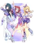  3girls arm_up blonde_hair braid breasts commentary_request fujita_kotone full_body gakuen_idolmaster green_eyes green_hair hanami_saki highres idol_clothes idolmaster medium_breasts midriff_peek multiple_girls one_eye_closed purple_eyes red_hair reikakrzk tsukimura_temari yellow_eyes 