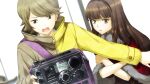  1boy 1girl brown_eyes brown_hair capelet check_tags coat dutch_angle fur-trimmed_capelet fur_trim game_cg gamon_yuuta highres holding_radio kurenaino_aria multicolored_coat narrowed_eyes non-web_source occultic;nine official_art open_mouth pako_(pakosun) science_adventure shielding_another_with_body short_hair tagme yellow_coat 