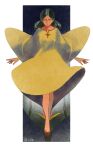  1girl absurdres artist_name bindi black_hair commentary_request dark-skinned_female dark_skin double_bun dress full_body green_eyes gundam hair_bun highres lalah_sune long_sleeves mobile_suit_gundam shoes short_hair sio2_(whynotkarma) solo standing yellow_dress 