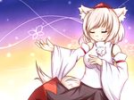  animal_ears bad_id bad_pixiv_id breasts chikinman closed_eyes detached_sleeves hat high_collar inubashiri_momiji medium_breasts outstretched_arm short_hair skirt smile solo tail tokin_hat touhou wolf_ears wolf_tail 