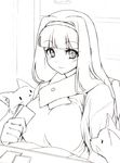  aouma bad_id bad_pixiv_id blush breasts card cat hairband highres idolmaster idolmaster_(classic) large_breasts long_hair monochrome shijou_takane smile solo 