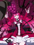  1girl absurdres arms_up baobhan_sith_(fate) baobhan_sith_(first_ascension)_(fate) black_gloves breasts detached_sleeves dress fate/grand_order fate_(series) food frilled_dress frills fruit gloves grapes grey_eyes hair_ornament highres koma315ht long_hair looking_at_viewer pink_hair pointy_ears red_dress smile 